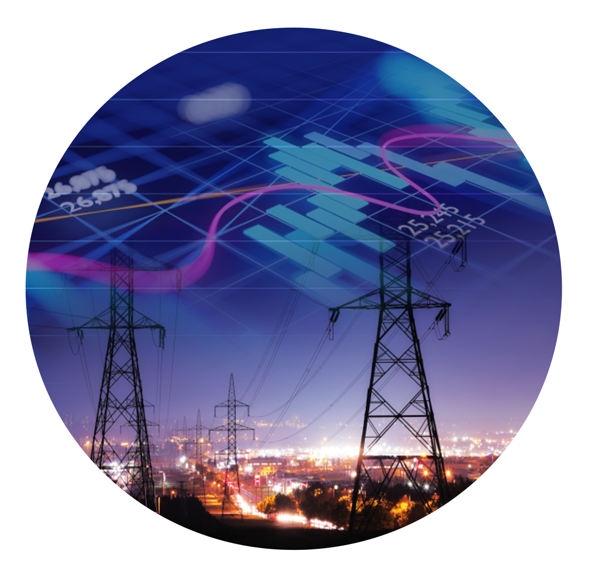 Conceptual illustration of the energy market management, featuring high-voltage power lines at dusk overlaid with dynamic financial trading charts and data visualization for power grid optimization.