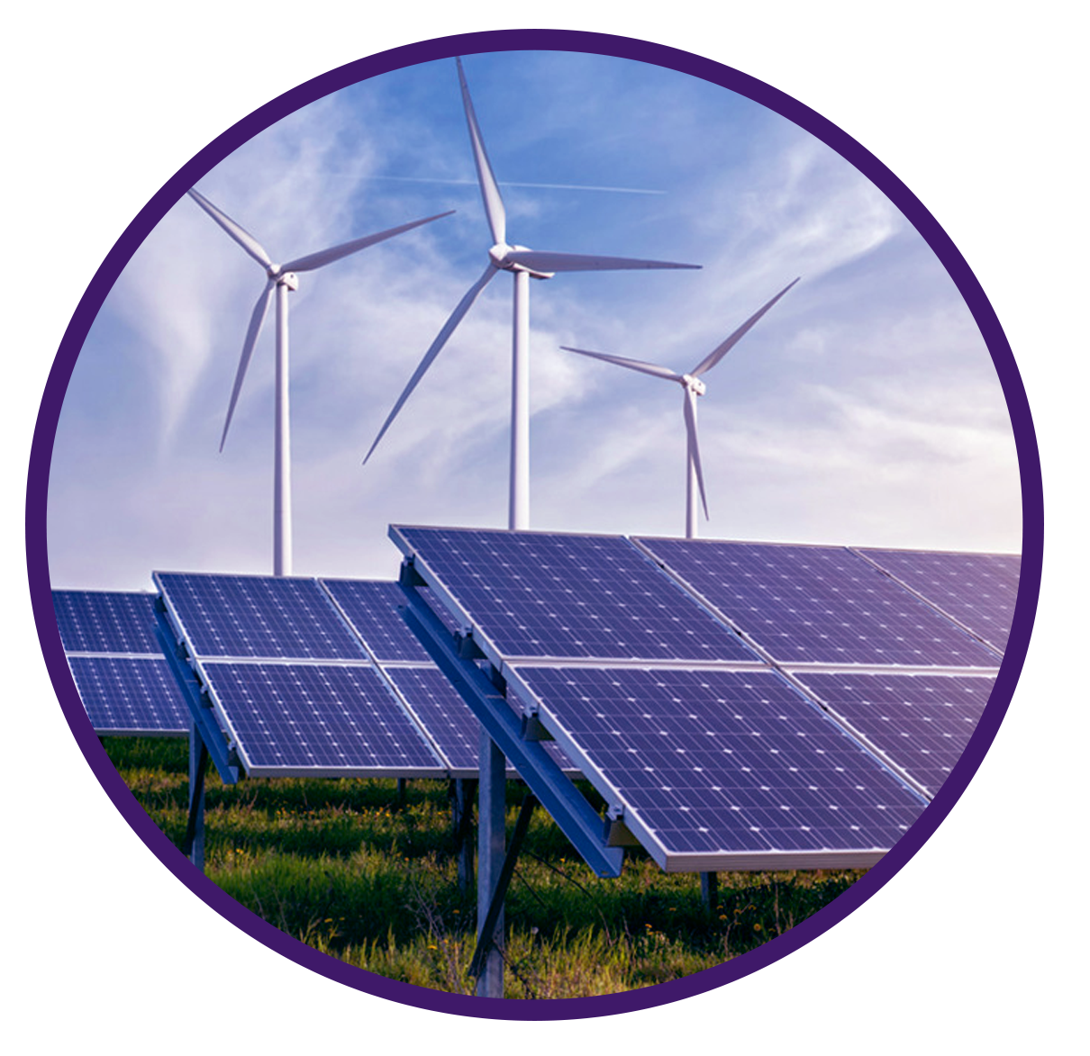 Conceptual illustration of a renewable energy power plant, featuring solar panels and wind turbines in a green field, symbolizing clean energy domain transformation and modern power grid integration within the Damas MMS context.