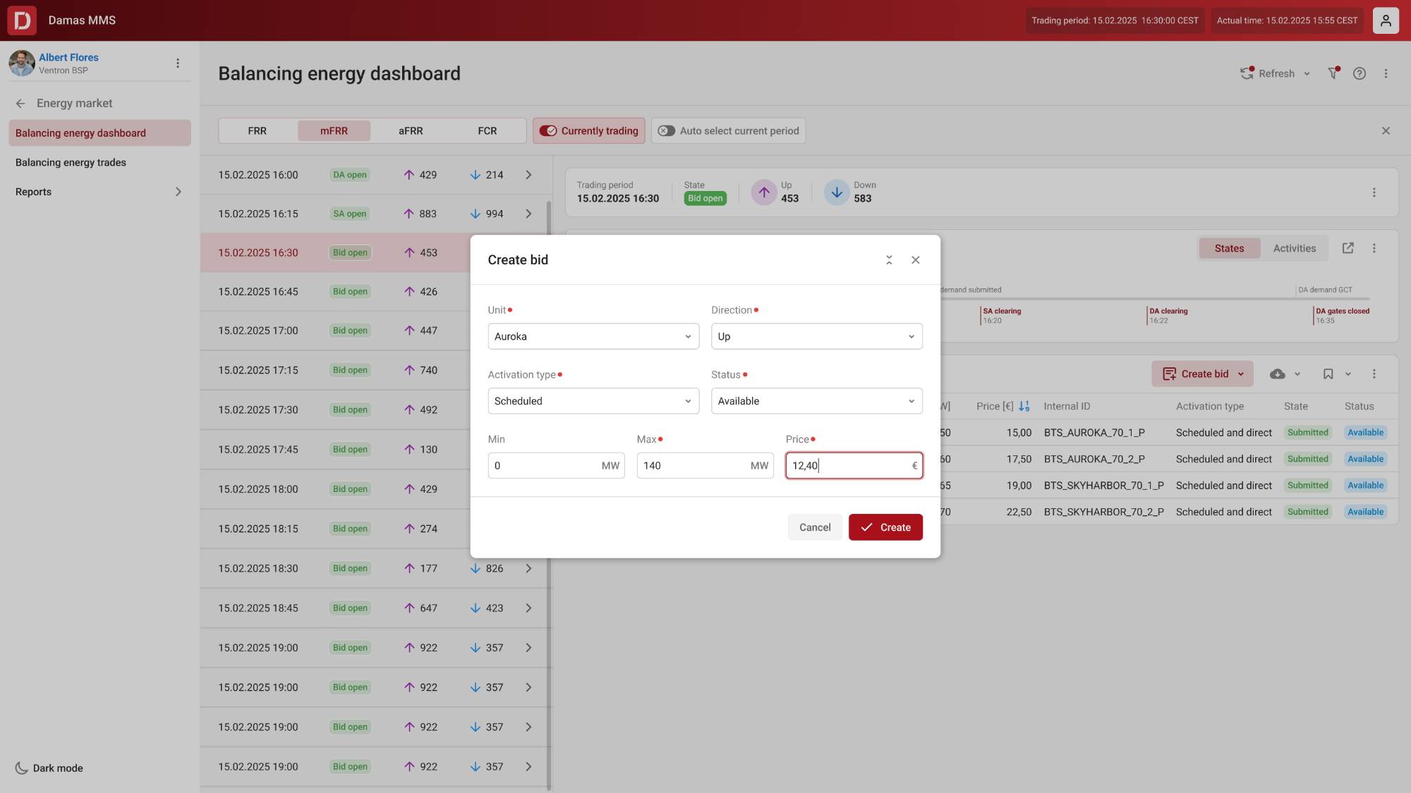 Balancing energy dashboard of the Damas MMS platform with a "Create bid" modal window for submitting balancing energy offers, including parameters for mFRR, aFRR, and FCR markets.