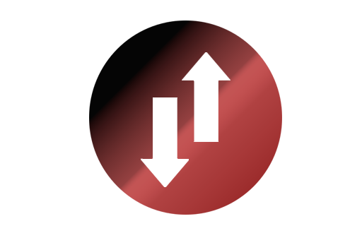 Up and down arrows icon on a red circular background representing grid balancing, network data evaluation, and flow tracking