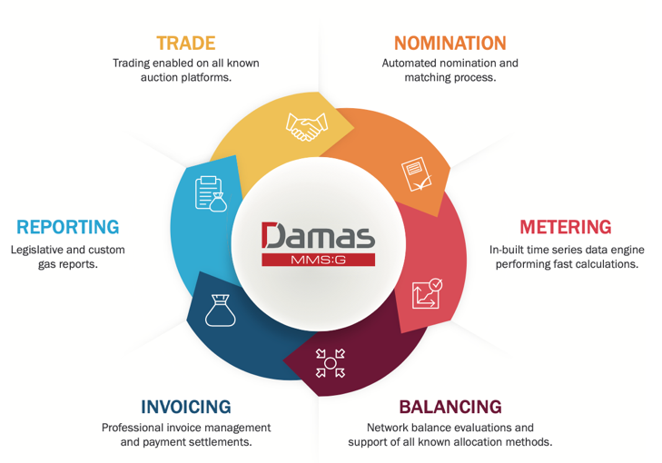 An infographic of the Damas MMS:G platform for gas transmission system operators (TSOs), showing the main modules: Trade, Nomination, Metering, Balancing, Invoicing, and Reporting.