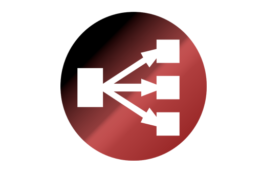 System node diagram icon with arrows on a red circular background representing data integration and an energy communication gateway