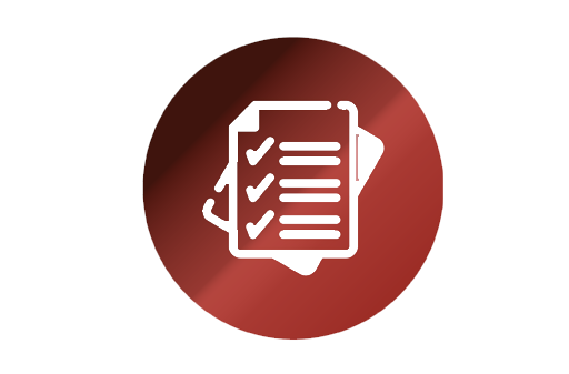 Invoice checklist icon on a red circular background representing automated billing, payment settlement, and financial management