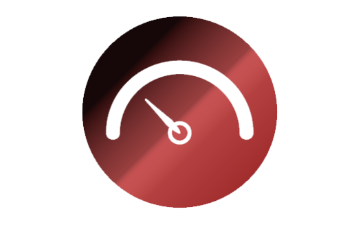 Speedometer gauge icon on a red circular background representing utility metering, gas physical flow data, and smart measurement