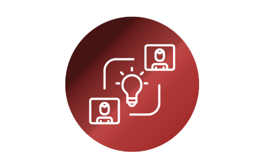 Lightbulb and user profiles icon on a red circular background symbolizing CRM customer management, contact security, and user profiles