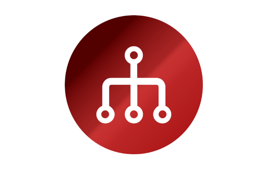Hierarchical network node diagram icon on a red circular background representing TSO grid structure and distribution network modeling
