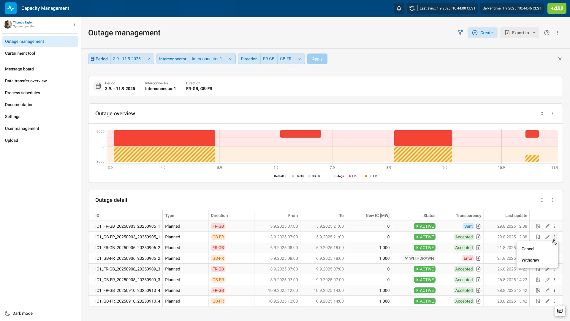 Outage management dashboard in Damas MMS showing a visual timeline of planned network outages and a detailed status table for interconnector maintenance scheduling.