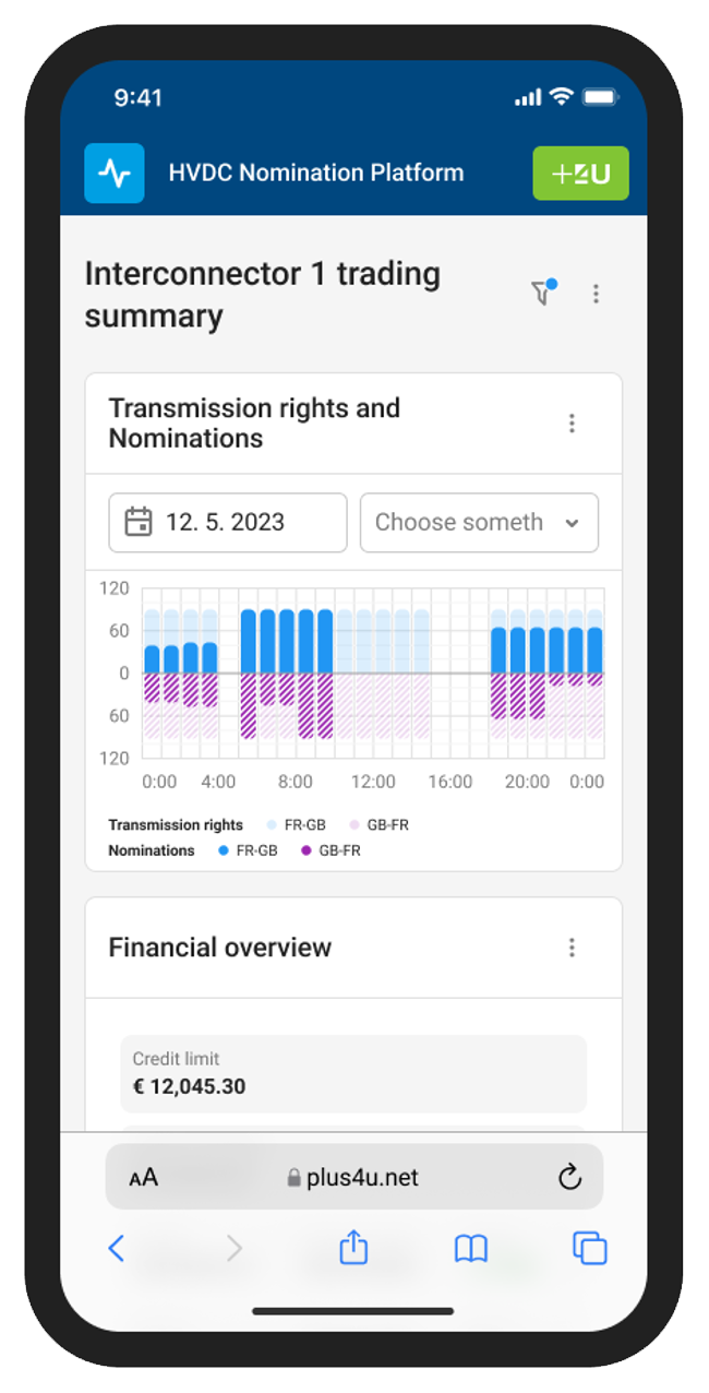 Mobile interface of the Damas MMS:E Nominations module showing the HVDC Nomination Platform with trading summaries and cross-border nomination features.