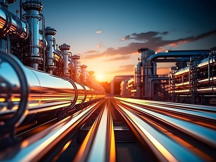 Illustrative concept of European power and energy sector infrastructure with metallic pipelines and steel frames at sunset